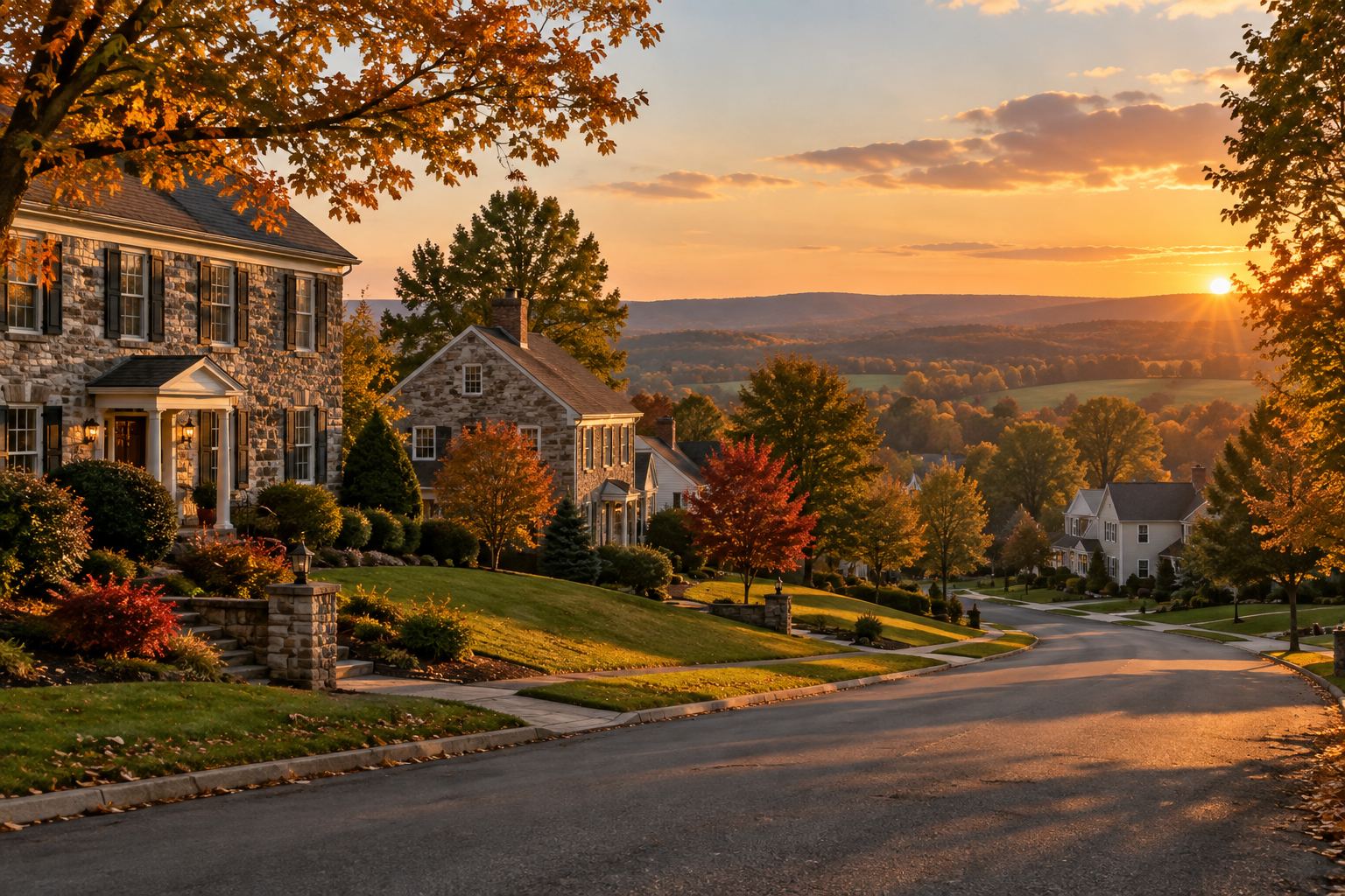 A Lehigh Valley Pennsylvania neighborhood street at golden hour, illustrative