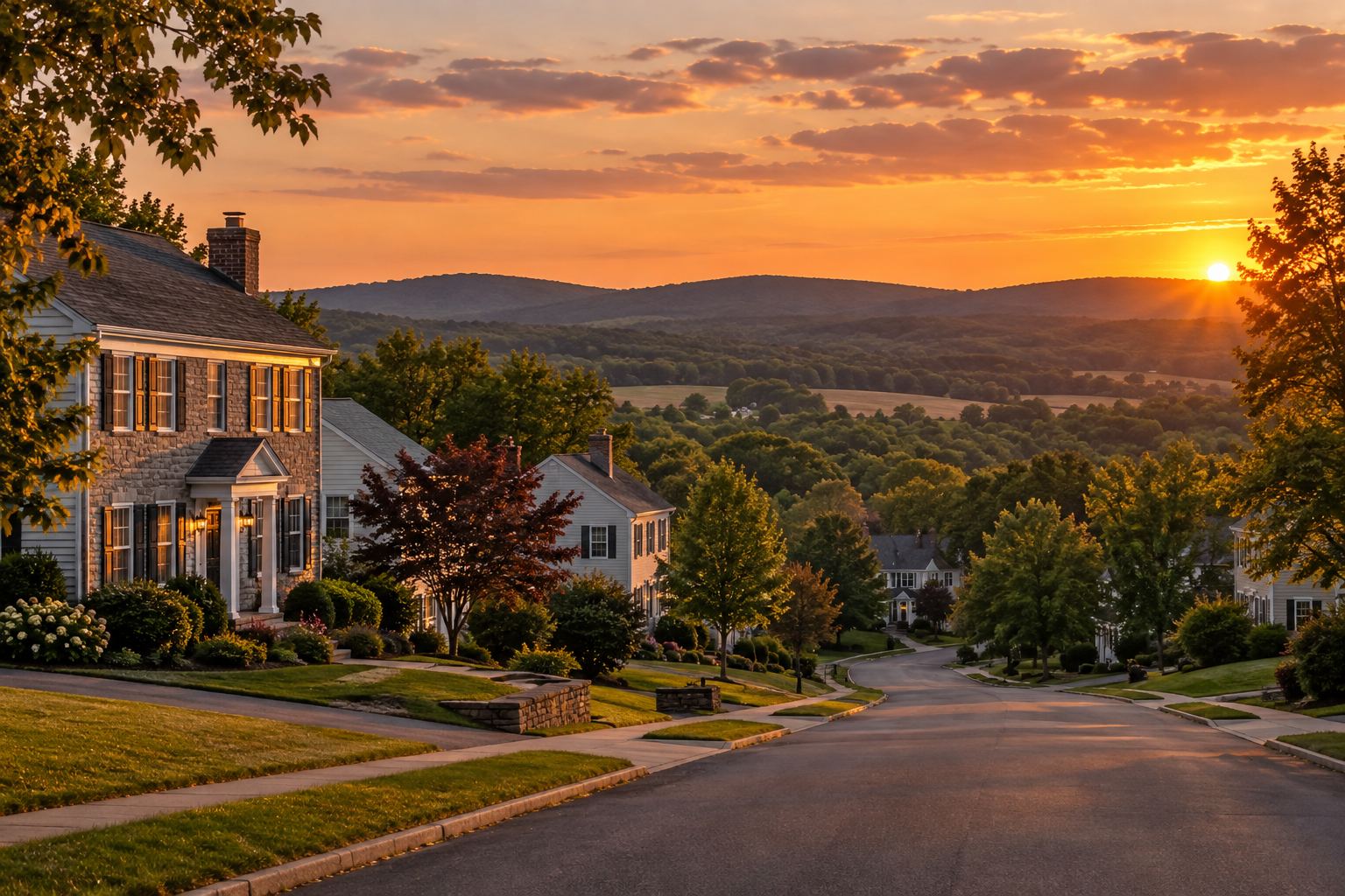 A Lehigh Valley Pennsylvania street at sunset, illustrative
