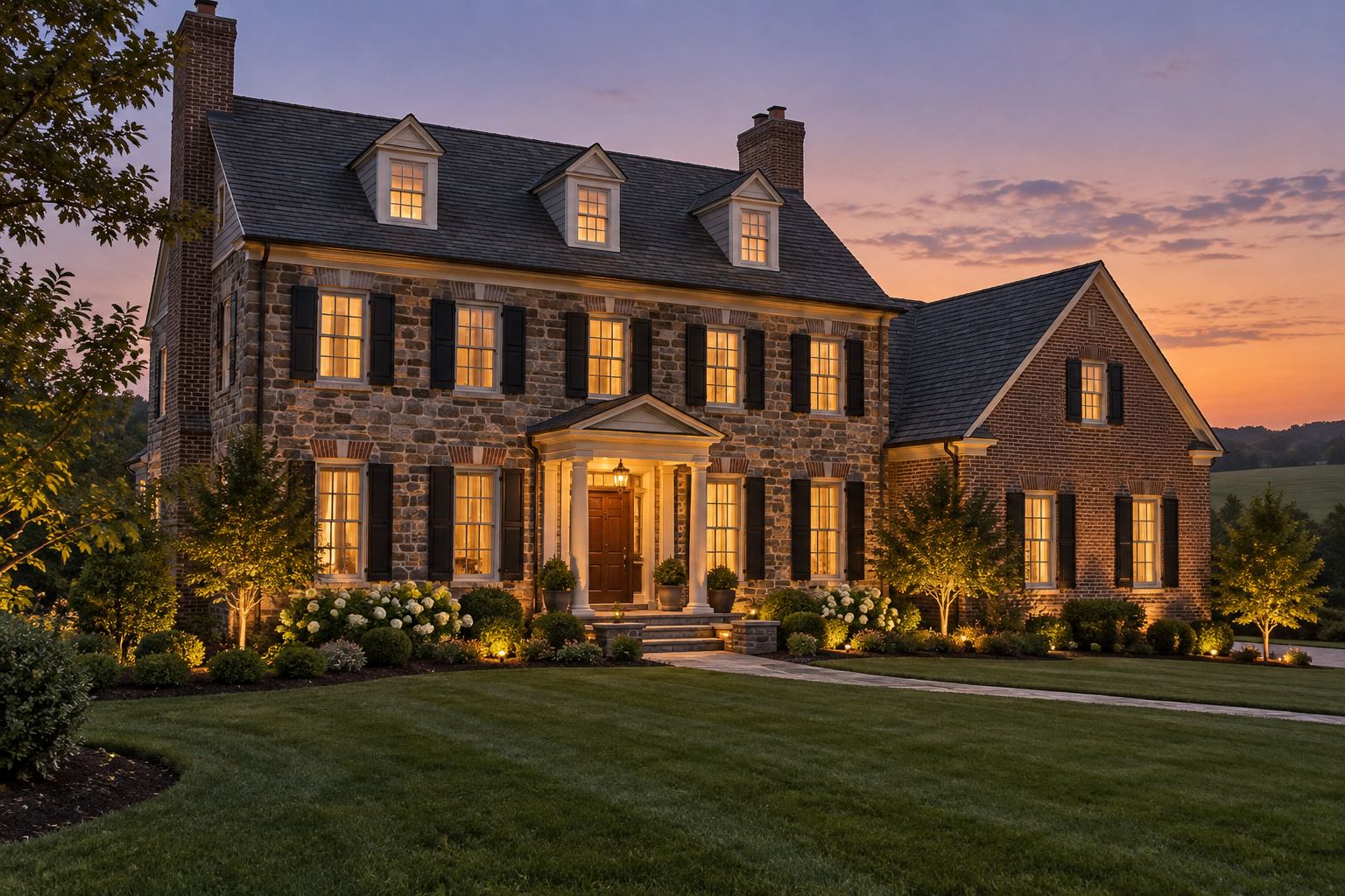 A Lehigh Valley Pennsylvania home exterior at dusk, illustrative