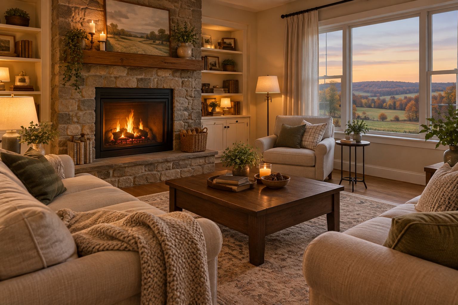 A cozy Pennsylvania living room, illustrative